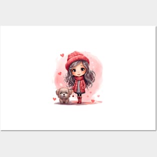 Cute girl and puppy love Posters and Art